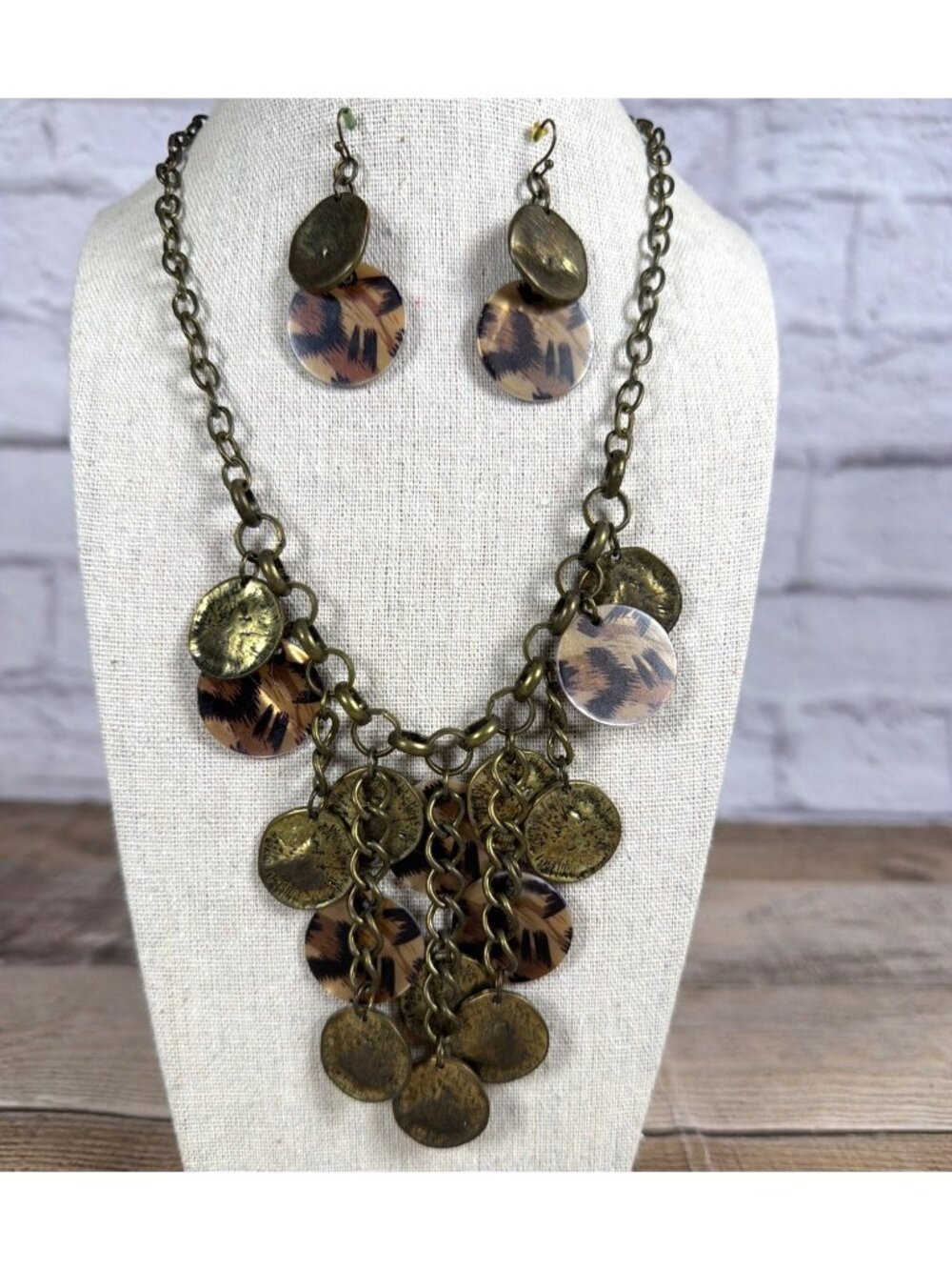 VTG Artisan Safari Leopard Print Statement Bib Necklace Earring Set Boho Chic